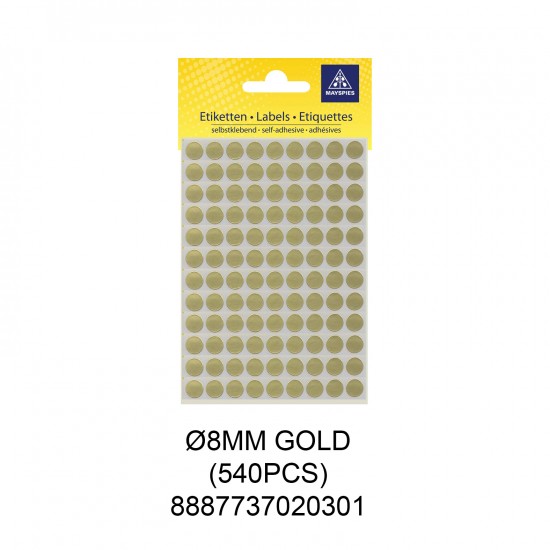MAYSPIES MS008 COLOUR DOT LABEL / 5 SHEETS/PKT / 540PCS / ROUND 8MM GOLD